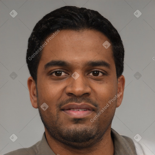 Neutral black young-adult male with short  black hair and brown eyes