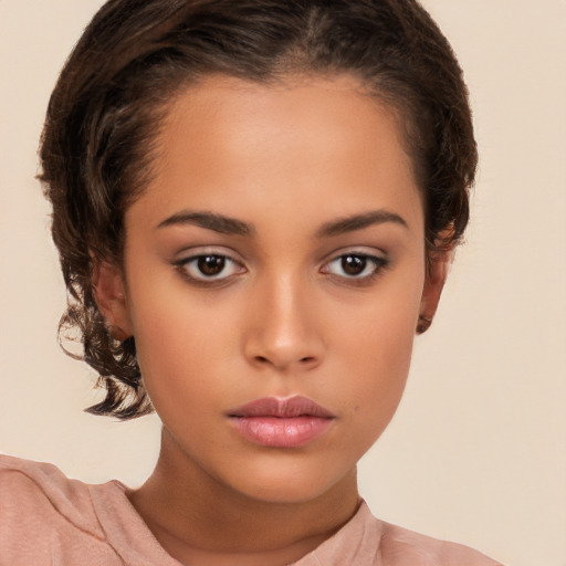 Neutral white young-adult female with short  brown hair and brown eyes