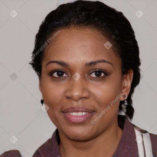 Joyful black young-adult female with medium  black hair and brown eyes