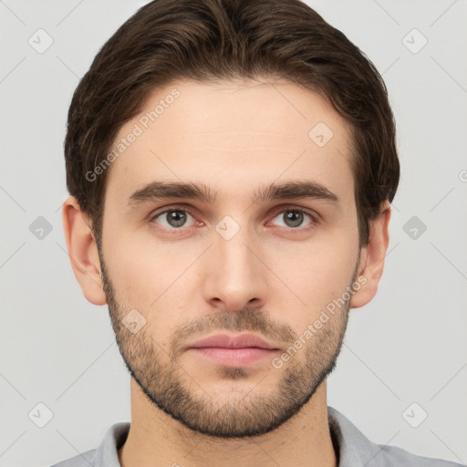 Neutral white young-adult male with short  brown hair and brown eyes