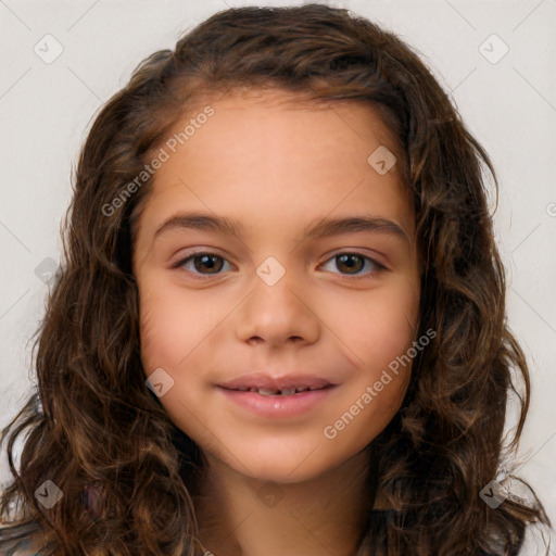 Joyful white child female with long  brown hair and brown eyes