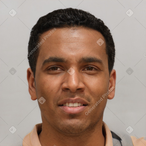 Joyful latino young-adult male with short  brown hair and brown eyes