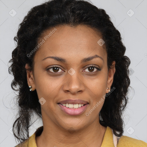 Joyful black young-adult female with medium  brown hair and brown eyes