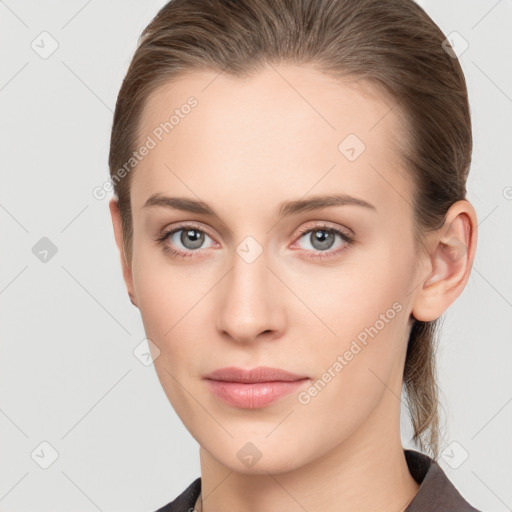 Neutral white young-adult female with medium  brown hair and grey eyes