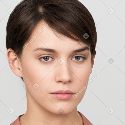 Neutral white young-adult female with short  brown hair and brown eyes