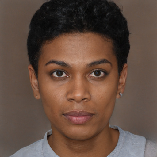 Neutral black young-adult female with short  black hair and brown eyes