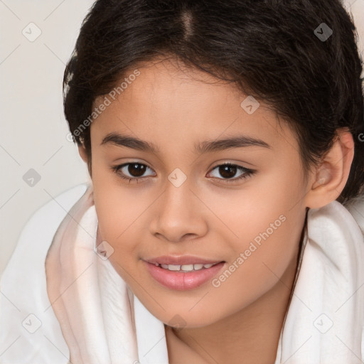 Joyful white child female with long  brown hair and brown eyes