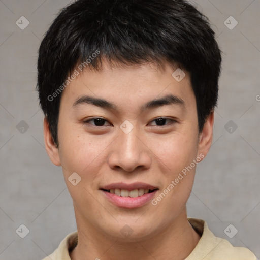 Joyful asian young-adult male with short  brown hair and brown eyes