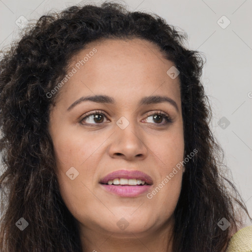 Joyful white young-adult female with long  brown hair and brown eyes