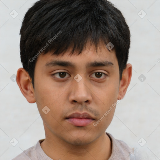 Neutral asian young-adult male with short  brown hair and brown eyes