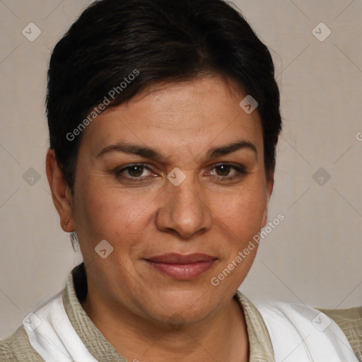 Joyful white adult female with short  brown hair and brown eyes