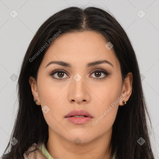 Neutral asian young-adult female with long  brown hair and brown eyes