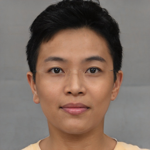 Neutral asian young-adult female with short  black hair and brown eyes