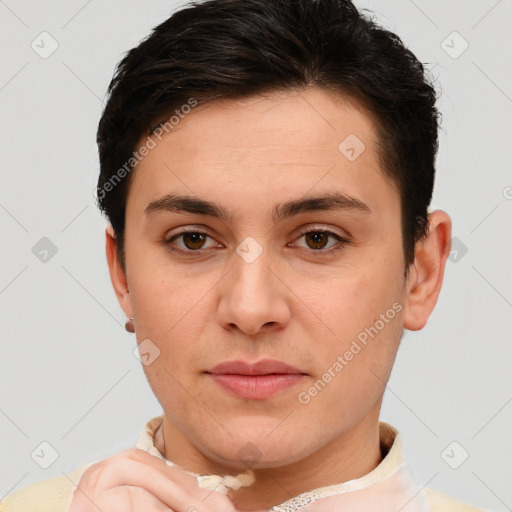 Joyful white young-adult female with short  brown hair and brown eyes