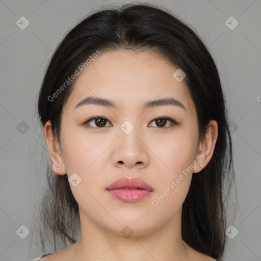 Neutral asian young-adult female with medium  brown hair and brown eyes