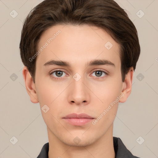 Neutral white young-adult male with short  brown hair and brown eyes