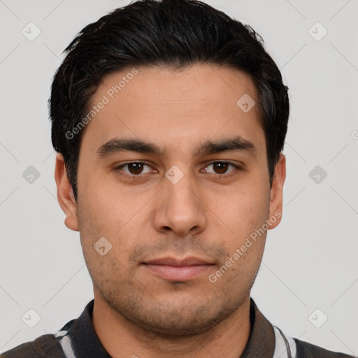 Neutral white young-adult male with short  black hair and brown eyes