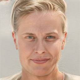 Joyful white adult male with short  blond hair and blue eyes