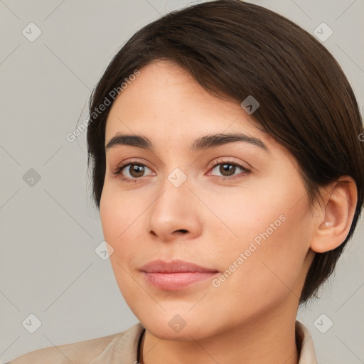 Neutral white young-adult female with medium  brown hair and brown eyes