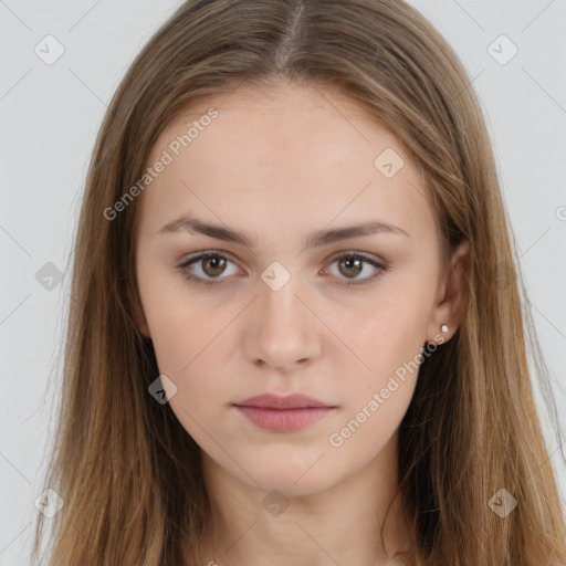 Neutral white young-adult female with long  brown hair and brown eyes