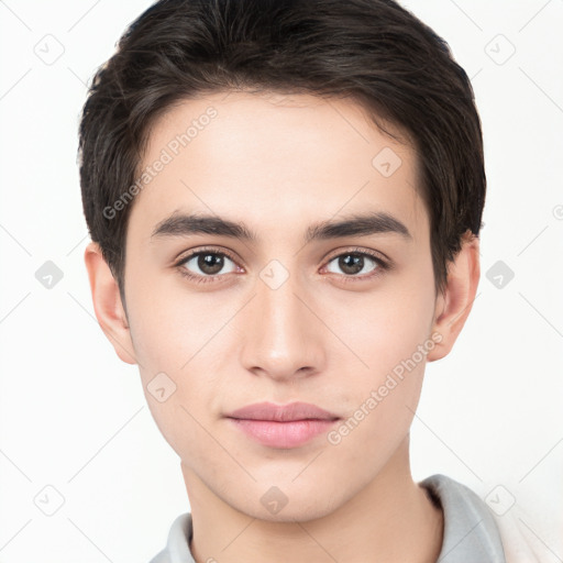 Neutral white young-adult male with short  brown hair and brown eyes