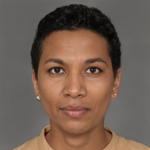 Neutral black young-adult female with short  black hair and brown eyes