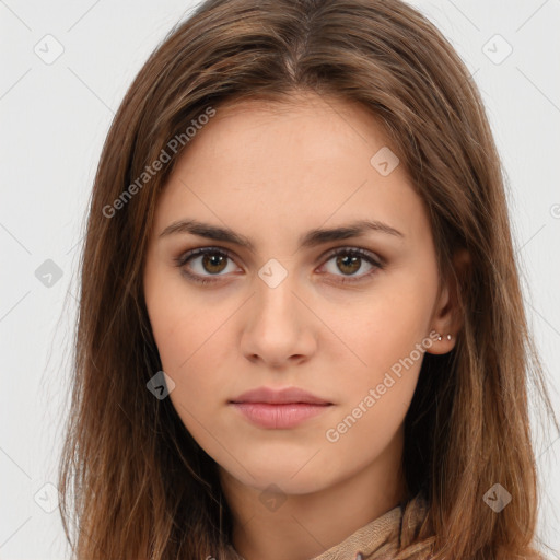 Neutral white young-adult female with long  brown hair and brown eyes