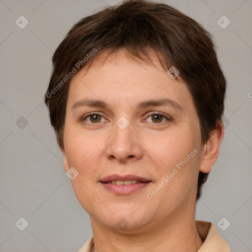 Joyful white young-adult female with short  brown hair and brown eyes