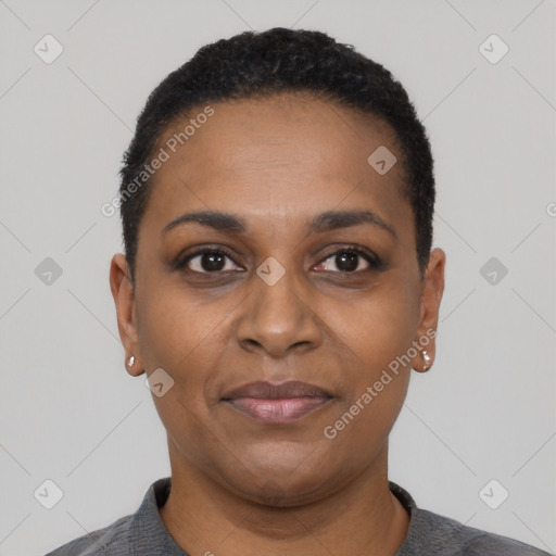 Joyful black adult female with short  black hair and brown eyes