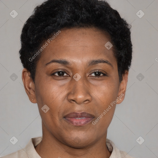 Joyful latino adult female with short  brown hair and brown eyes