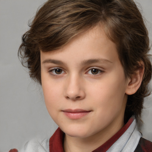 Joyful white child female with medium  brown hair and brown eyes