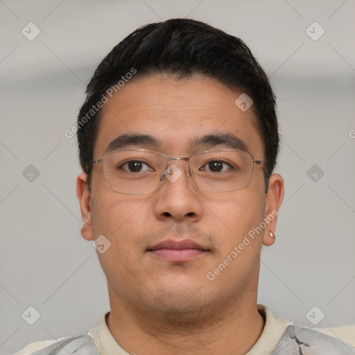 Neutral asian young-adult male with short  brown hair and brown eyes