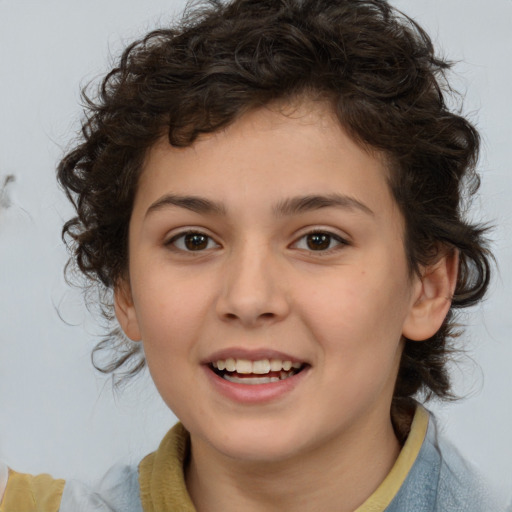 Joyful white child female with medium  brown hair and brown eyes