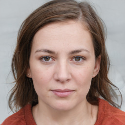 Neutral white young-adult female with medium  brown hair and grey eyes