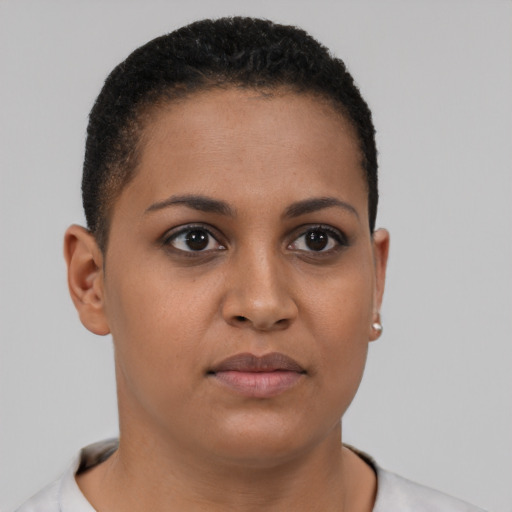 Neutral latino young-adult female with short  brown hair and brown eyes