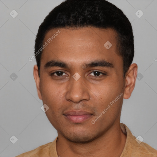 Neutral latino young-adult male with short  black hair and brown eyes