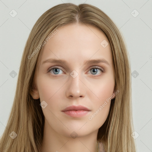 Neutral white young-adult female with long  brown hair and grey eyes