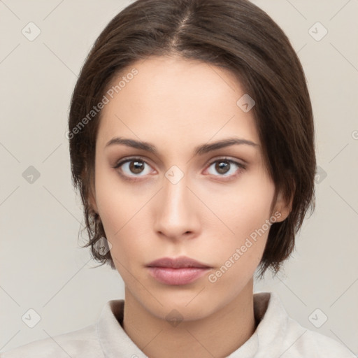 Neutral white young-adult female with medium  brown hair and brown eyes