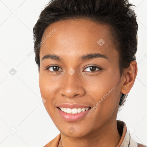 Joyful white young-adult female with short  brown hair and brown eyes