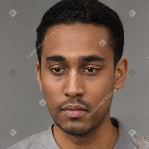 Neutral black young-adult male with short  black hair and brown eyes