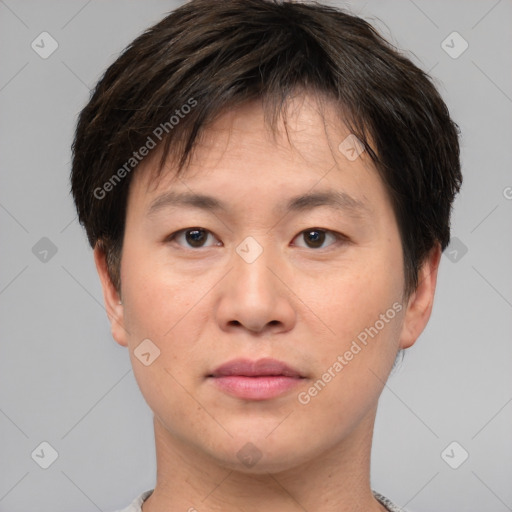 Neutral asian young-adult male with short  brown hair and brown eyes