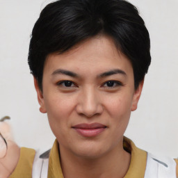 Joyful asian young-adult female with short  brown hair and brown eyes