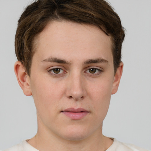 Neutral white young-adult female with short  brown hair and grey eyes