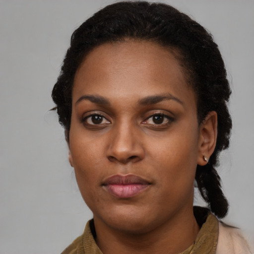 Neutral black young-adult female with long  black hair and brown eyes