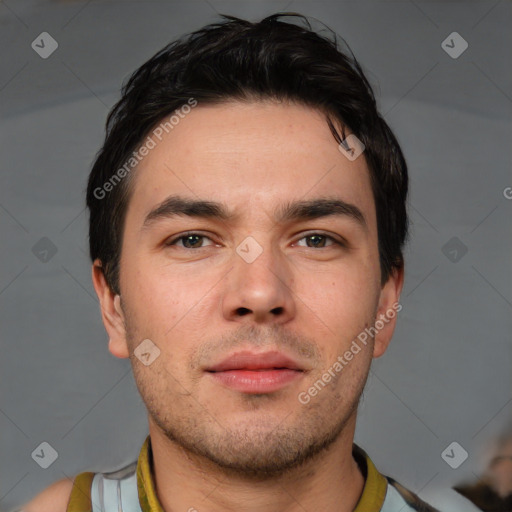 Neutral white young-adult male with short  brown hair and brown eyes