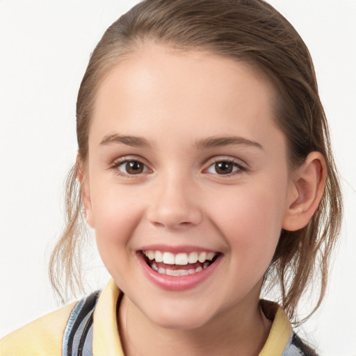 Joyful white child female with medium  brown hair and brown eyes