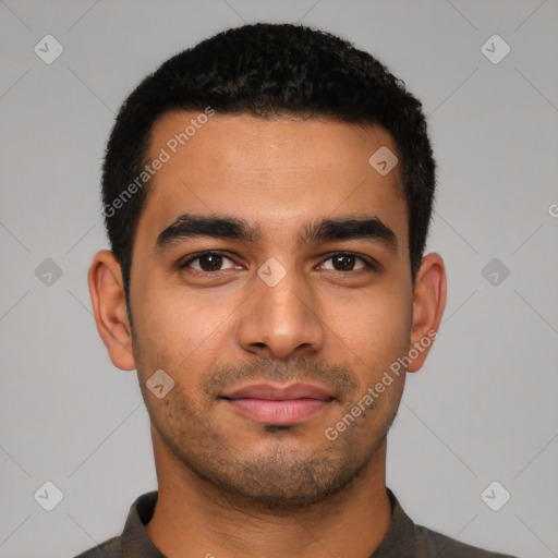 Neutral latino young-adult male with short  black hair and brown eyes