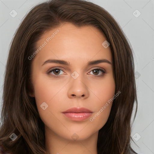 Neutral white young-adult female with long  brown hair and brown eyes