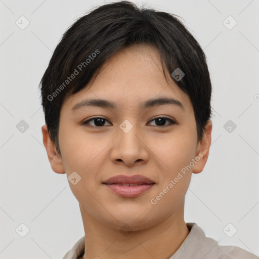 Joyful asian young-adult female with short  black hair and brown eyes