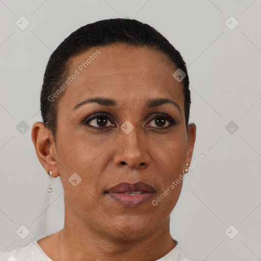 Neutral black adult female with short  brown hair and brown eyes